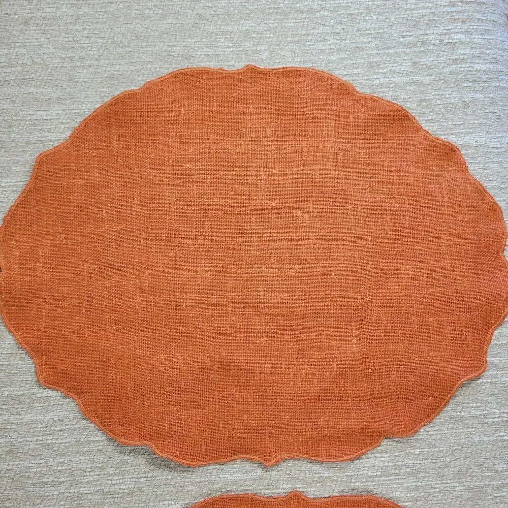 VTG Williams Sonoma Linen Placemats Pumpkin Orange Scalloped Edge Oval Set of 4